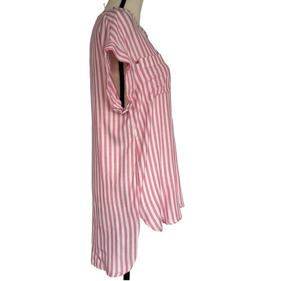 NWT Jones New York Pink & White Pinstripe Tunic Blouse Cuffed Sleeves, Small​​​​ - Picture 2 of 8